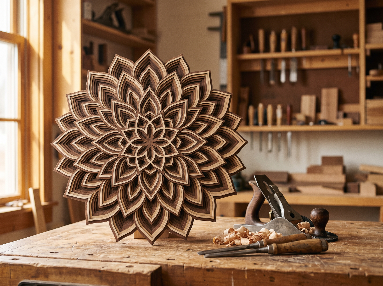 Laser-engraved walnut wall art