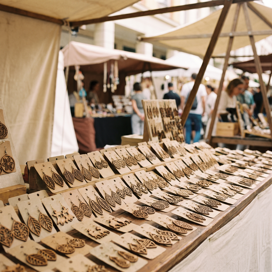 Laser cut earrings at a market stall